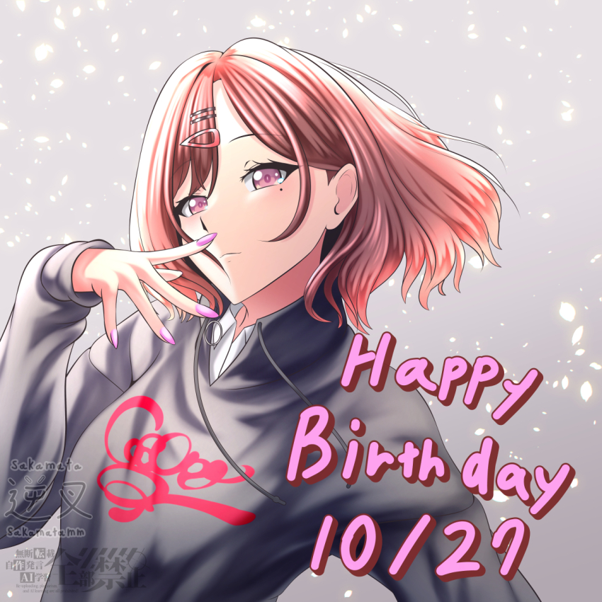 1girl black_hoodie black_sweater blouse brown_hair collared_shirt fangs hair_ornament hairclip highres higuchi_madoka hood hoodie idolmaster idolmaster_shiny_colors mole mole_under_eye pink_nails purple_eyes sakamata_(sakamata_mm) shirt short_hair skin_fangs sweater swept_bangs white_shirt