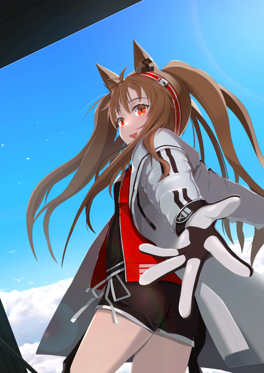 1girl :d absurdres airplane_interior angelina_(arknights) animal_ears arknights ass black_gloves black_shorts blue_sky brown_hair cloud commentary cowboy_shot day gloves hairband highres lens_flare long_hair long_sleeves open_mouth orange_eyes outstretched_arm outstretched_hand reaching reaching_towards_viewer red_hairband shorts simple_bird sky smile solo standing white_gloves yuu_(yuu_yu)