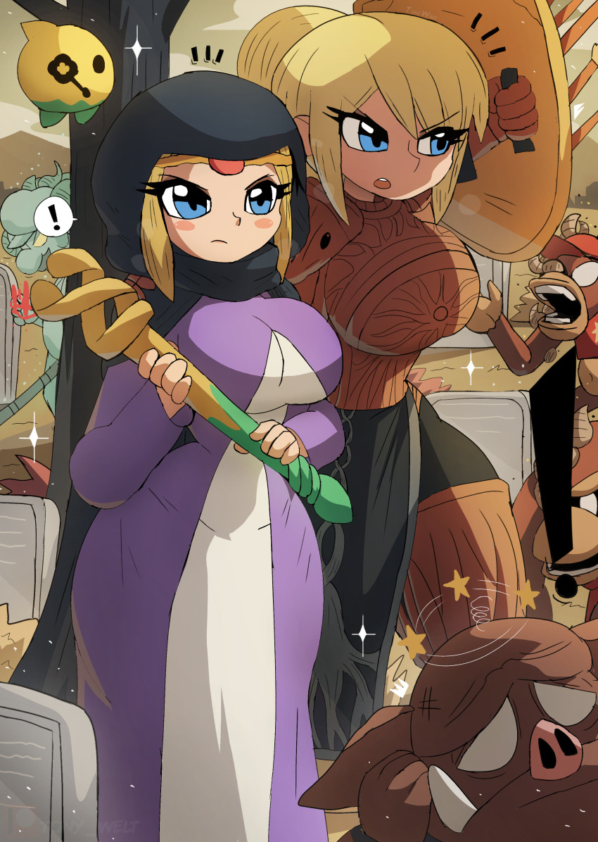 ! 2girls absurdres angry ape armor armored_boots armored_gloves arrow_(projectile) baseball_cap battle black_cloak blonde_hair blue_eyes boots breasts brown_armor brown_footwear brown_gloves cloak clothes_lift cloud cosplay crossover crucible_knight crucible_knight_(cosplay) diddy_kong dizzy donkey_kong donkey_kong_(series) donkey_kong_country dress elden_ring fromsoftware gloves goblin graveyard hat highres holding holding_shield holding_wand hood hood_up hooded_cloak horns large_breasts long_hair long_sleeves mario mario_(series) metroid moblin monkey monster monsterification multiple_girls nintendo open_mouth pelvic_curtain pelvic_curtain_lift princess_zelda print_shirt purple_dress red_hat red_shirt samus_aran seeing_stars shield shirt short_sleeves sky sparkle speech_bubble spoken_exclamation_mark standing star_(symbol) star_print super_smash_bros. teeth the_legend_of_zelda the_legend_of_zelda:_echoes_of_wisdom tombstone tony_welt tree tri_(zelda) wand
