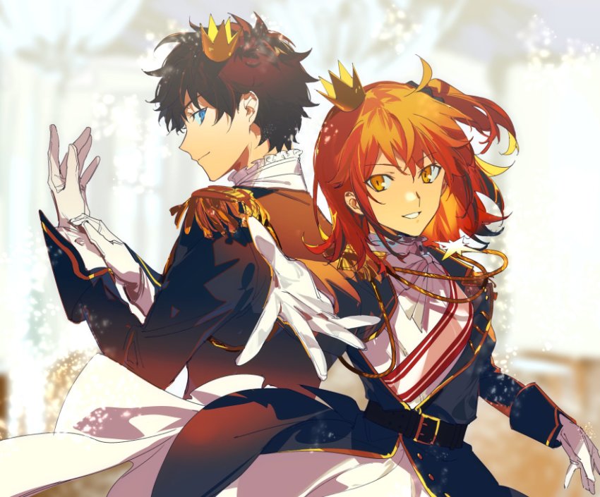 1boy 1girl ahoge alternate_costume aokiku belt black_hair blue_eyes bow closed_mouth crown dress epaulettes fate/grand_order fate_(series) feet_out_of_frame formal_clothes fujimaru_ritsuka_(female) fujimaru_ritsuka_(female)_(halloween_royalty) fujimaru_ritsuka_(male) fujimaru_ritsuka_(male)_(halloween_royalty) gloves hair_ornament hair_scrunchie highres jacket long_sleeves looking_at_viewer mini_crown official_alternate_costume open_mouth orange_eyes orange_hair scrunchie shirt short_hair side_ponytail smile white_bow white_gloves white_shirt