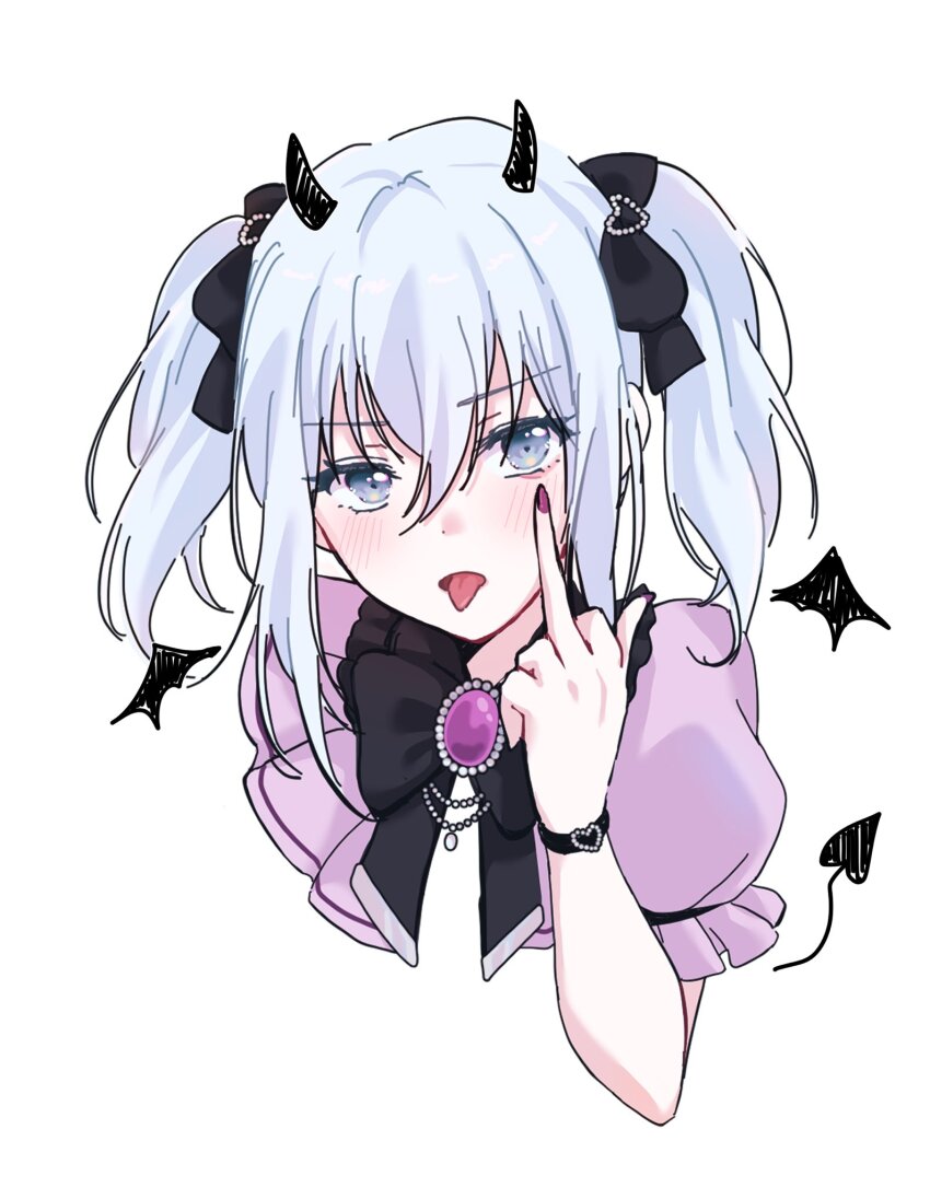1girl bang_dream! black_bow black_bowtie bow bowtie commentary drawn_horns drawn_tail drawn_wings grey_eyes hair_between_eyes hashtag-only_commentary highres jirai_kei kurata_mashiro looking_at_viewer medium_hair middle_finger nail_polish pink_shirt ppora purple_brooch red_nails shirt sidelocks simple_background solo tongue tongue_out two_side_up white_background white_hair