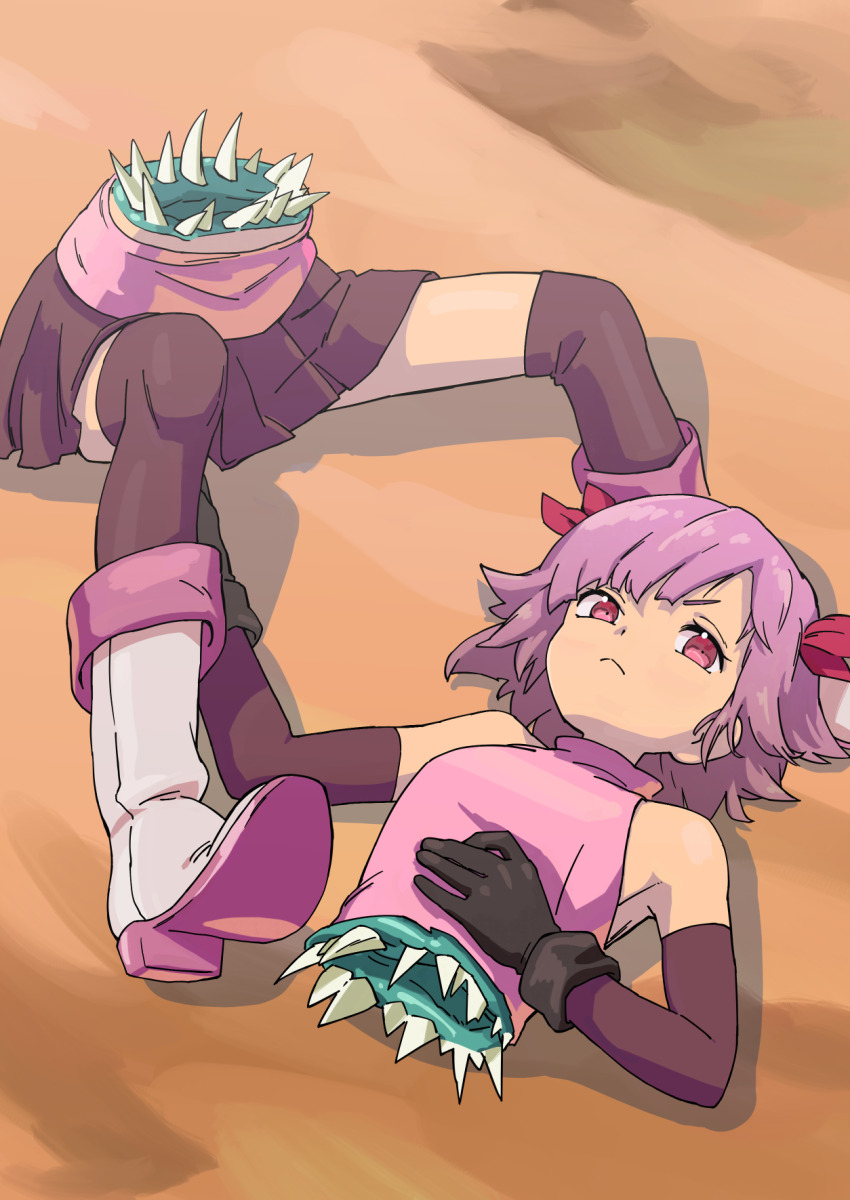 1girl bare_shoulders bisected black_gloves boots detached_sleeves full_body gloves highres miniskirt original pink_eyes pink_hair pink_shirt rose_(vanillaklein) shirt short_hair skirt sleeveless sleeveless_shirt stomach_mouth teeth thighhighs vanillaklein