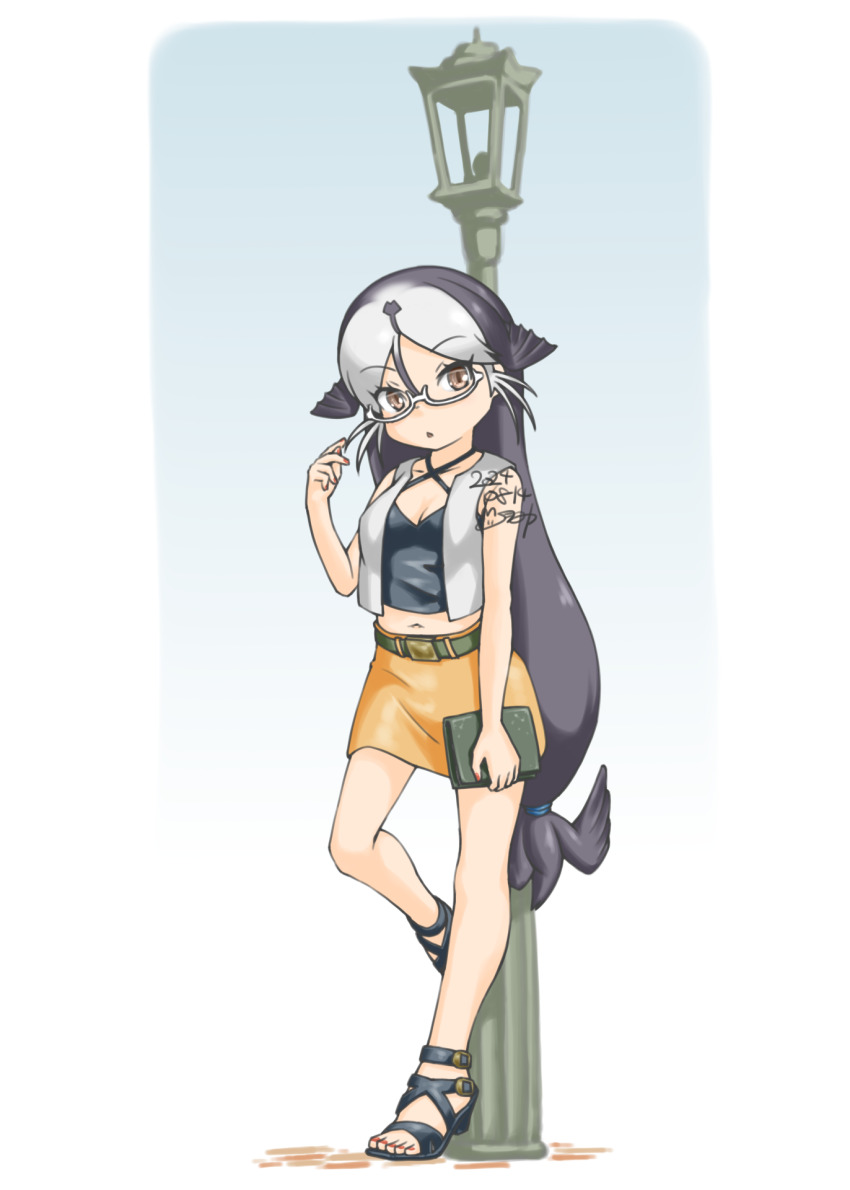 1girl alternate_costume bag bare_shoulders belt black_sandals blue_background brown_eyes california_sea_lion_(kemono_friends) casual dated fins gladiator_sandals glasses green_belt grey_hair hair_between_eyes handbag head_fins highres kemono_friends lamppost leaning_back long_hair looking_at_viewer low_ponytail midriff_peek miniskirt miyu_uduki multicolored_hair nail_polish navel open_clothes open_vest ponytail red_nails sandals semi-rimless_eyewear sidelocks signature skirt solo spaghetti_strap standing standing_on_one_leg two-tone_background two-tone_hair very_long_hair vest white-framed_eyewear white_background white_hair white_vest yellow_skirt
