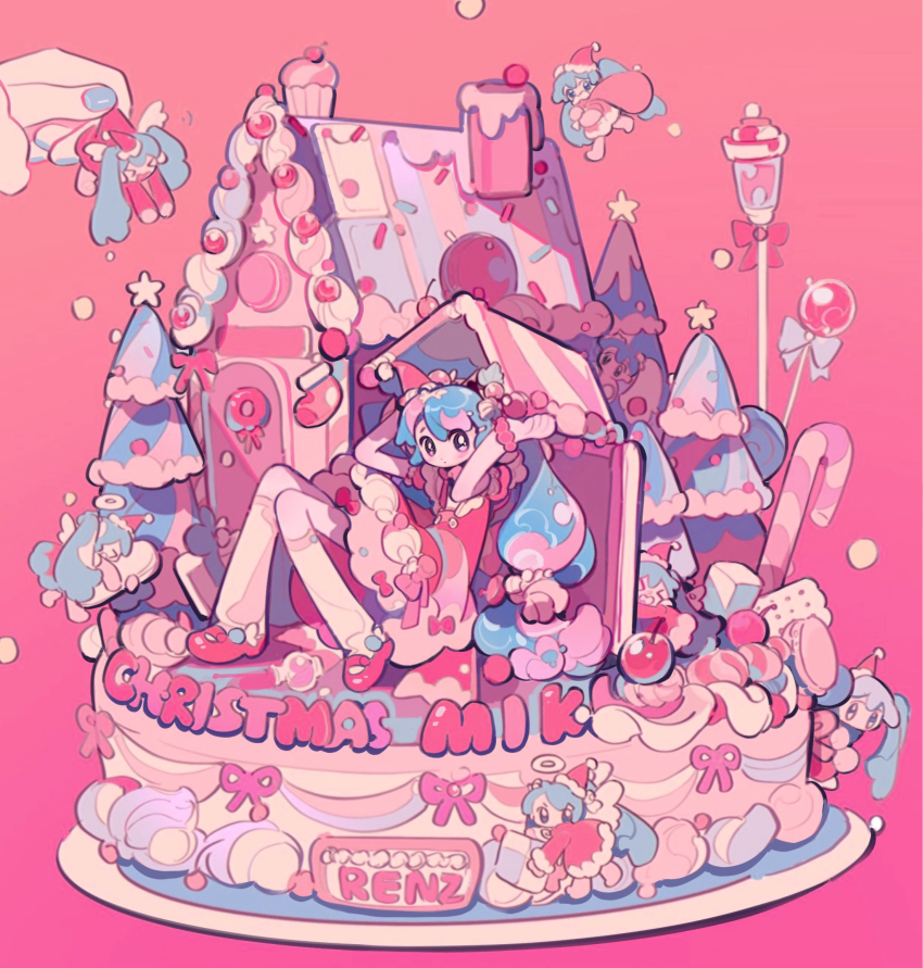 1girl :o angel_wings bare_arms barefoot bead_bracelet beads blue_eyes blue_hair blue_nails bow bracelet buttons candy candy_cane character_name chibi christmas christmas_tree cookie dress dress_bow english_text food full_body fur-trimmed_dress fur-trimmed_headwear fur_trim gingerbread_house gradient_background hair_beads hair_bow hair_ornament halo hands_on_own_head hat hatsune_miku highres holding holding_sack holly_hair_ornament jewelry kneehighs knees_up lamppost long_dress long_hair looking_at_viewer mary_janes mini_hat mini_santa_hat multicolored_hair nail_polish parted_lips pink_hair plate pom_pom_(clothes) red-framed_eyewear red_background red_bow red_dress red_sleeves renzhi00334233 sack santa_costume santa_hat shirt shoes simple_background sitting_on_food socks star_(symbol) twintails two-tone_hair very_long_hair vocaloid white_shirt white_socks wings