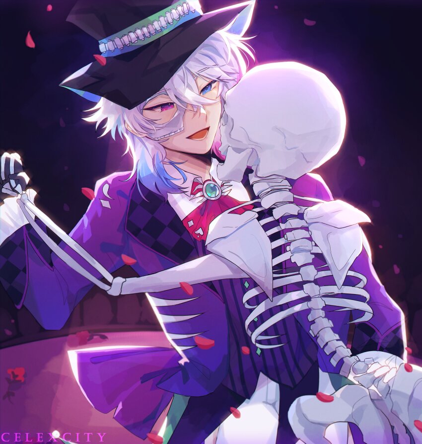 1boy absurdres artist_name ascot bishounen black_bow black_bowtie black_gloves blue_eyes blue_hair bow bowtie celexcity commentary dancing english_commentary eye_mask falling_petals gavis_bettel gloves hair_between_eyes half-closed_eyes hat heterochromia highres holostars holostars_english jacket jerry_(gavis_bettel) looking_at_another male_focus multicolored_hair open_clothes open_jacket open_mouth petals pink_eyes pink_hair purple_jacket red_ascot red_petals shirt simple_background skeleton spotlight top_hat upper_body vest virtual_youtuber waistcoat white_hair white_shirt