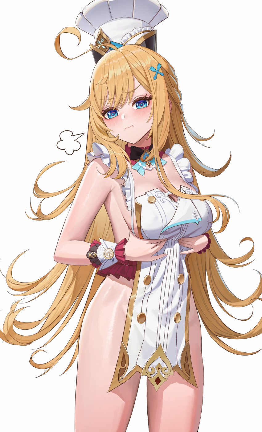 1girl 3: absurdres ahoge apron bare_arms bare_shoulders blonde_hair blue_eyes breasts chef_hat closed_mouth commentary_request cowboy_shot escoffier_(genshin_impact) genshin_impact hair_ornament hat highres korean_commentary large_breasts long_hair looking_at_viewer naked_apron simple_background solo soul_(smfa2555) standing thighs very_long_hair white_apron white_background white_hat wrist_cuffs
