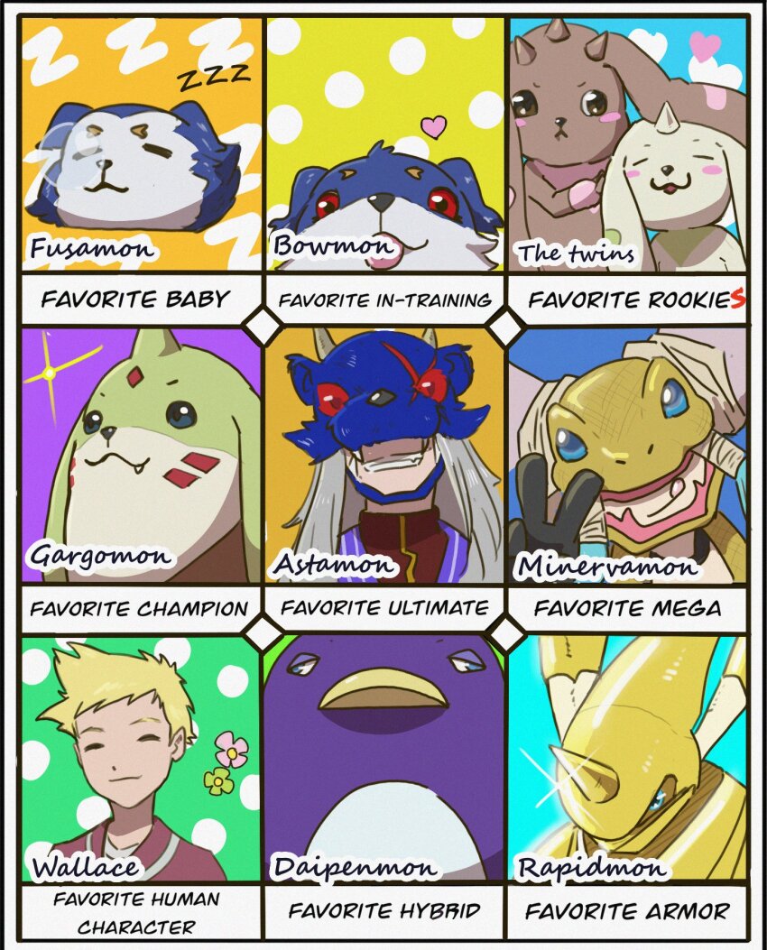 astamon bowmon daipenmon digimon fusamon galgomon highres lopmon minervamon rapidmon_(armor) terriermon wallace_(digimon)