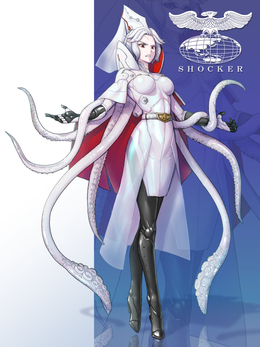 1girl angry belt belt_buckle buckle clenched_teeth commentary cyborg eidenjyou1997 english_commentary genderswap genderswap_(mtf) highres ikadevil impossible_clothes kamen_rider kamen_rider_(1st_series) logo monster_girl red_eyes see-through_clothes shocker_(kamen_rider) solo squid_girl suction_cups teeth tentacle_hair tentacles white_hair zoom_layer