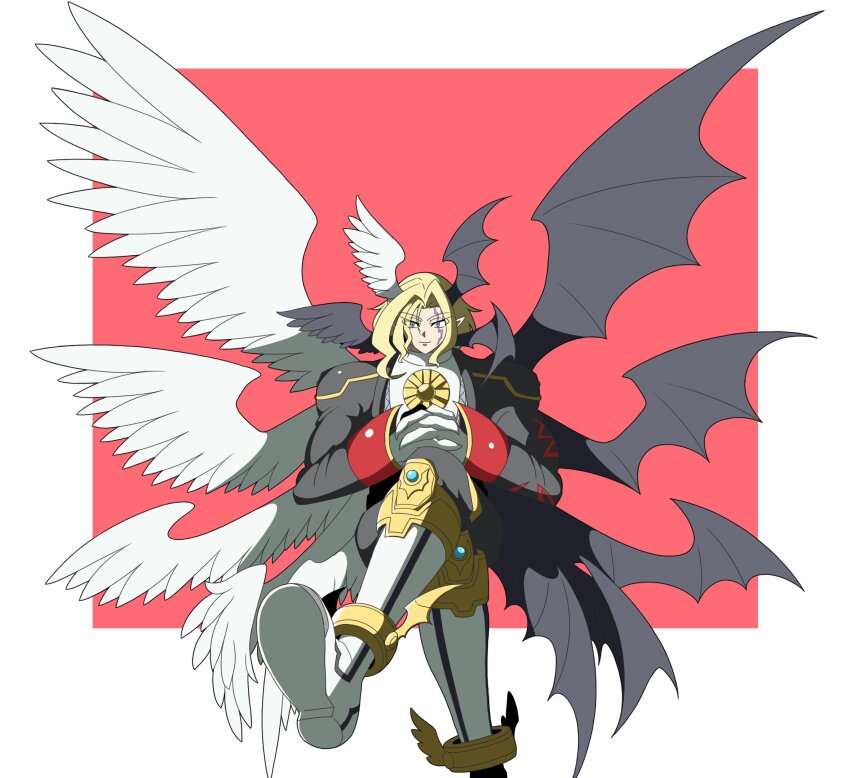 1boy angel_wings asymmetrical_wings black_wings blonde_hair border crossed_legs demon_wings digimon digimon_(creature) facial_mark feathered_wings head_wings highres invisible_chair lucemon_falldown_mode male_focus mismatched_wings red_background short_hair simple_background sitting solo sugar_7t white_border white_wings wings