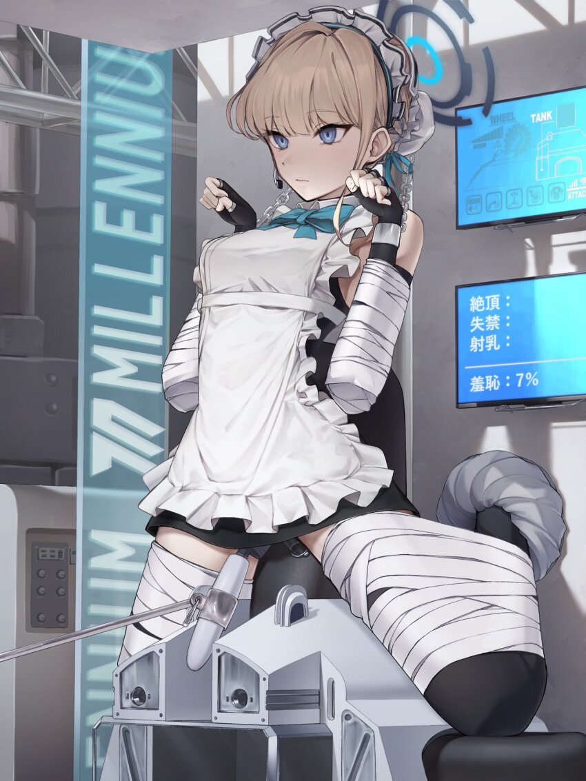 1girl apron bdsm black_thighhighs blonde_hair blue_archive blue_eyes bondage bound breasts frogtie highres hitachi_magic_wand human_trafficking kidnapped kidnapped_girl kidnapping long_hair maid maid_apron maid_headdress microphone momonoko_noko new_life no_escape owned restrained sex_toy shibari shibari_over_clothes slave small_breasts thighhighs this_is_your_life_now toki_(blue_archive) vibrator worried worried_look