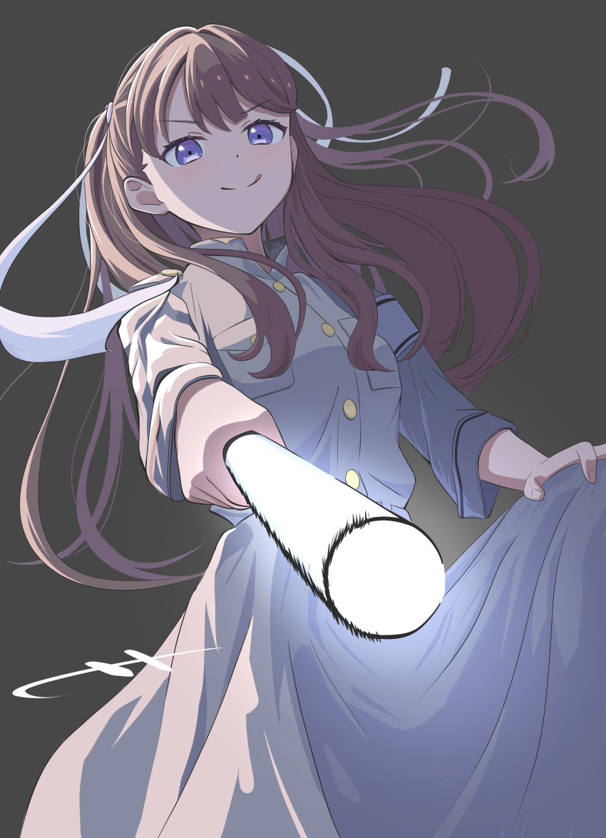 1girl :q absurdres armband breast_pocket brown_hair closed_mouth coat_dress commentary dress feet_out_of_frame floating_hair fujishima_megumi glowstick grey_background grey_dress hair_ribbon highres holding holding_glowstick link!_like!_love_live! long_hair long_sleeves love_live! love_live!_nijigasaki_high_school_idol_club morio_(mmorio_mu) penlight_(glowstick) pocket purple_eyes ribbon ryouran!_victory_road_(love_live!) simple_background smile solo split_mouth tongue tongue_out two_side_up v-shaped_eyebrows virtual_youtuber white_armband white_ribbon