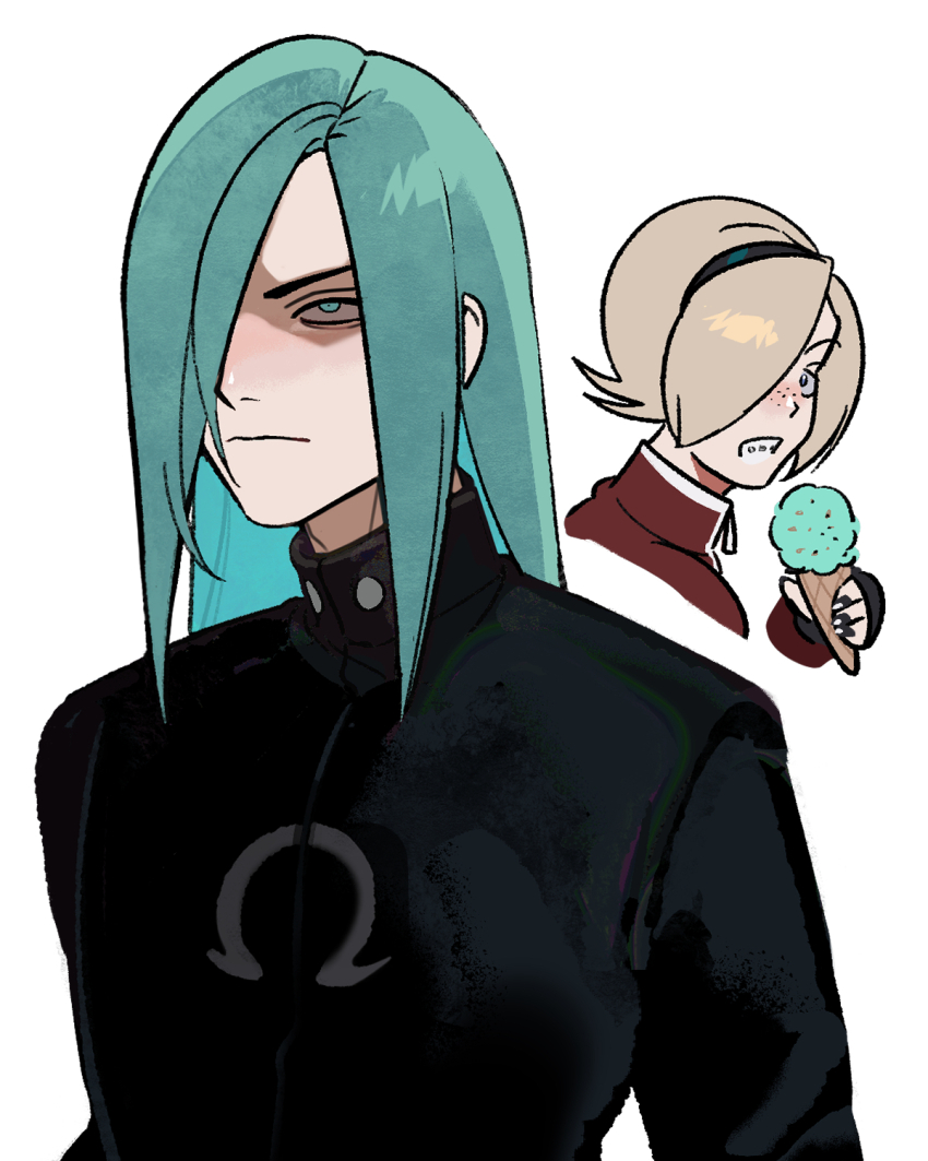2boys ash_crimson black_gloves black_hairband black_jacket blonde_hair closed_mouth collared_jacket fingerless_gloves food frown gloves green_eyes green_hair hair_behind_ear hair_over_one_eye hairband hexermer highres holding holding_food holding_ice_cream_cone ice_cream ice_cream_cone jacket long_sleeves looking_at_another looking_cup male_focus mint_chocolate multiple_boys omega_symbol parted_bangs popped_collar red_jacket remy_(street_fighter) simple_background street_fighter street_fighter_iii_(series) the_king_of_fighters the_king_of_fighters_xiii white_background