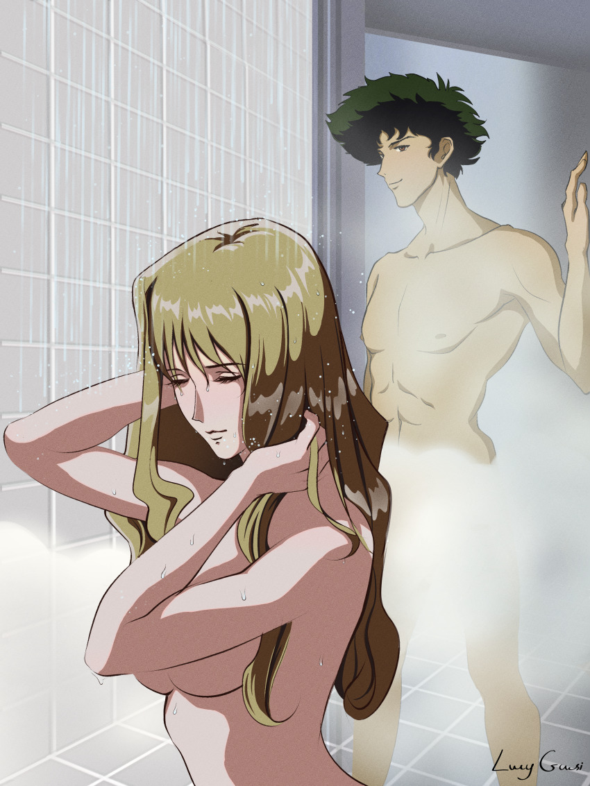 absurdres blonde_hair breasts brown_eyes closed_eyes couple cowboy_bebop curly_hair green_hair highres julia_(cowboy_bebop) lucyguusi medium_breasts nude pectorals showering sideboob spike_spiegel