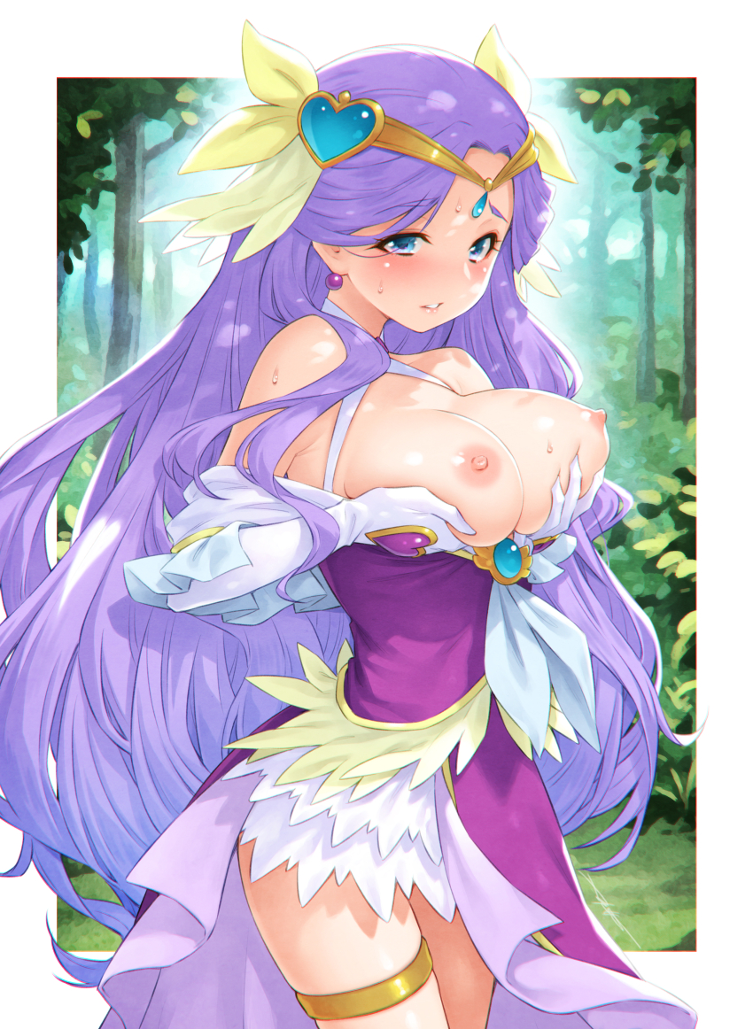 1girl absurdres blue_eyes breasts commentary_request cowboy_shot cure_earth day earrings forest frilled_thigh_strap fuurin_asumi gloves grabbing_own_breast hair_ornament healin&#039;_good_precure heart heart_hair_ornament highres jewelry kazuma_muramasa large_breasts long_hair looking_at_viewer magical_girl nature nipples outdoors partial_commentary precure purple_hair solo standing sweat thigh_strap thighlet tiara white_gloves