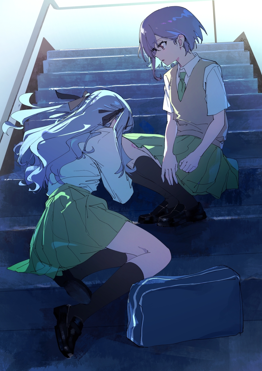 2girls absurdres bag bang_dream! bang_dream!_it&#039;s_mygo!!!!! black_ribbon black_shoes black_socks blue_bag blue_hair brown_eyes brown_sweater_vest chinese_commentary commentary_request green_necktie green_skirt grey_hair hair_ribbon haneoka_school_uniform highres kneehighs lkria04 long_hair multiple_girls necktie pleated_skirt ribbon school_bag school_uniform shirt shoes short_hair sidelocks sitting sitting_on_stairs skirt socks stairs sweater_vest takamatsu_tomori togawa_sakiko white_shirt