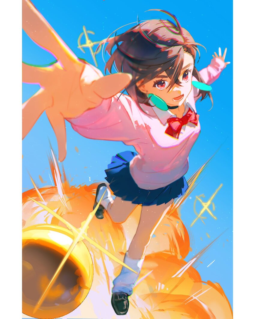 1girl ayase_momo ball black_choker blue_skirt blue_sky bow bowtie brown_eyes brown_hair choker collared_shirt commentary dandadan earrings explosion explosion_gag full_body glint hair_between_eyes highres jewelry jumping long_sleeves looking_at_viewer loose_socks medium_hair miniskirt open_hands open_mouth outdoors outstretched_arms pink_sweater pleated_skirt red_bow red_bowtie requiem_(requiem_art) school_uniform shirt shoes skirt sky socks solo sparkle sweater symbol-only_commentary white_shirt white_socks