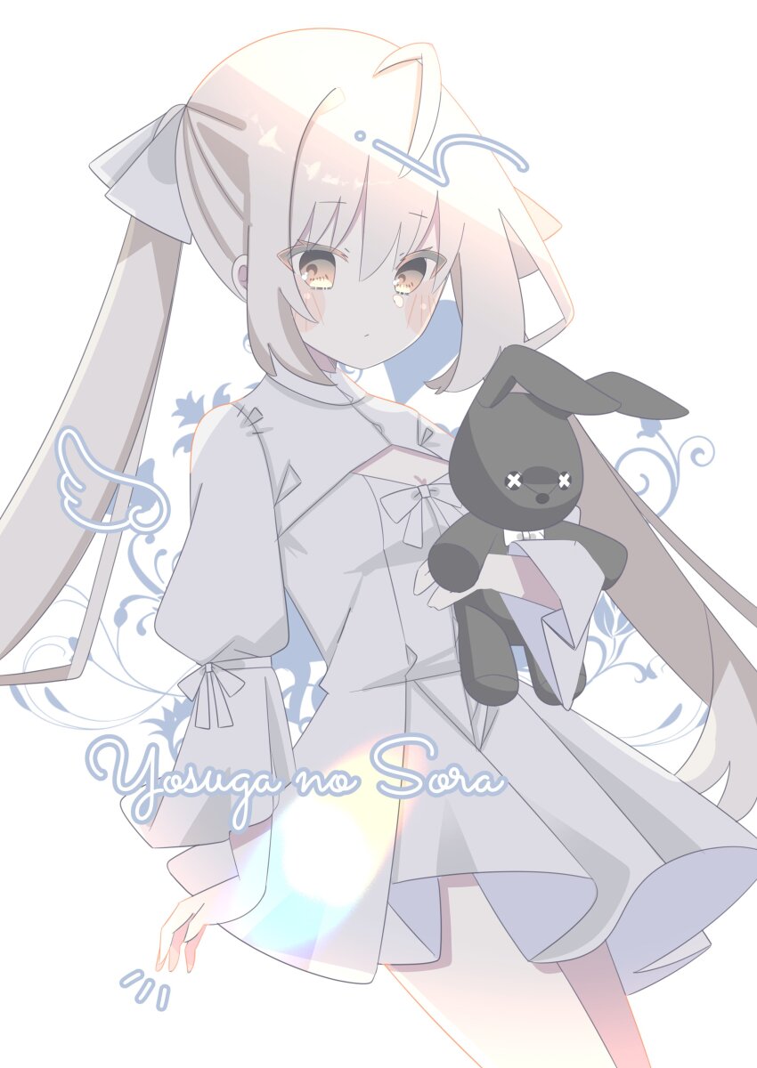 1girl 9ra4ki33 absurdres ahoge blonde_hair blush_stickers bow breasts brown_eyes cleavage cleavage_cutout closed_mouth clothing_cutout colored_eyelashes commentary_request cowboy_shot dress dress_bow expressionless hair_bow hand_up highres holding holding_stuffed_toy kasugano_sora long_hair long_sleeves looking_at_viewer notice_lines puffy_long_sleeves puffy_sleeves simple_background small_breasts solo stuffed_animal stuffed_rabbit stuffed_toy twintails very_long_hair white_background white_bow white_dress wide_sleeves yosuga_no_sora