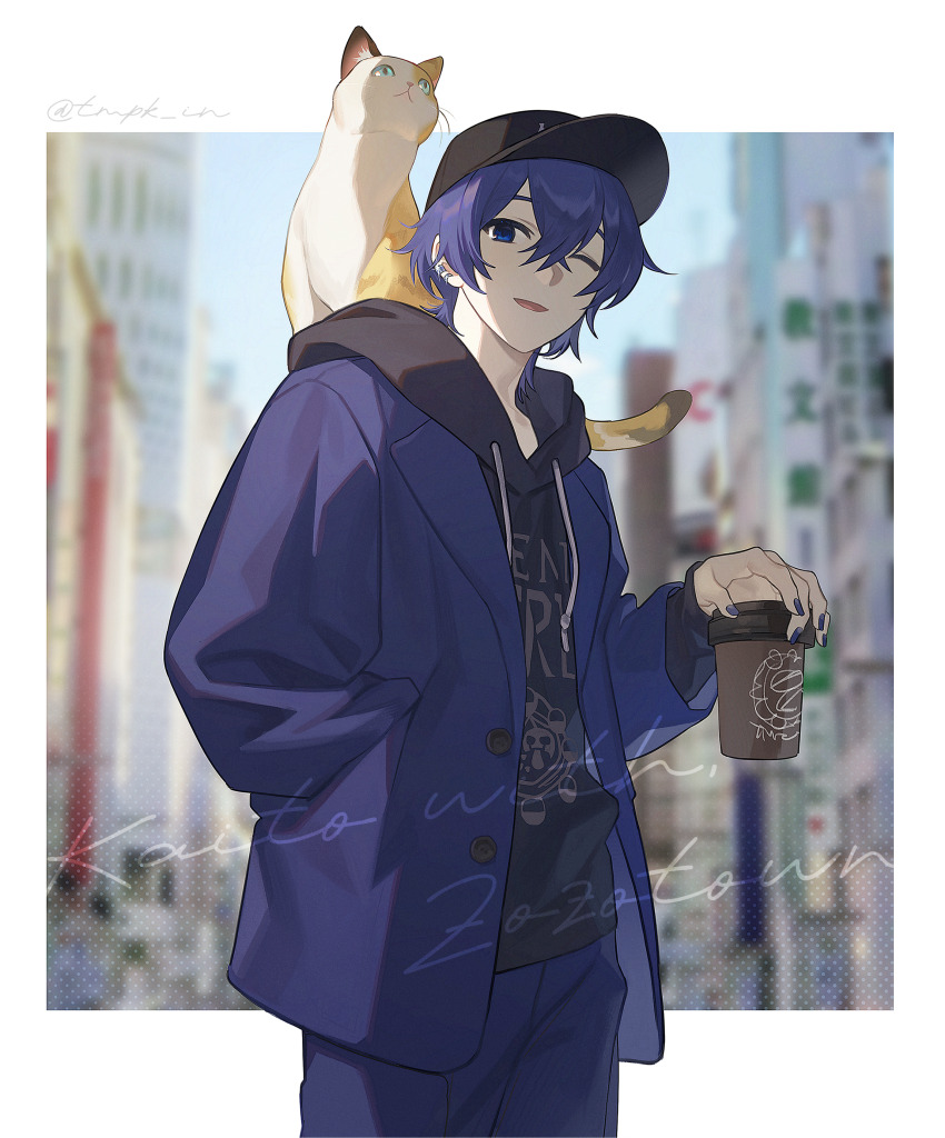 1boy 1c3ink3tk4n absurdres animal animal_on_shoulder black_hoodie blue_eyes blue_hair blue_jacket blue_nails blue_pants blurry blurry_background border cat cat_on_shoulder cup disposable_coffee_cup disposable_cup hair_between_eyes hat highres hood hoodie jacket jacket_over_hoodie kaito_(vocaloid) looking_at_viewer male_focus one_eye_closed open_clothes open_jacket pants project_sekai short_hair solo standing vocaloid white_border wonderlands_x_showtime_kaito