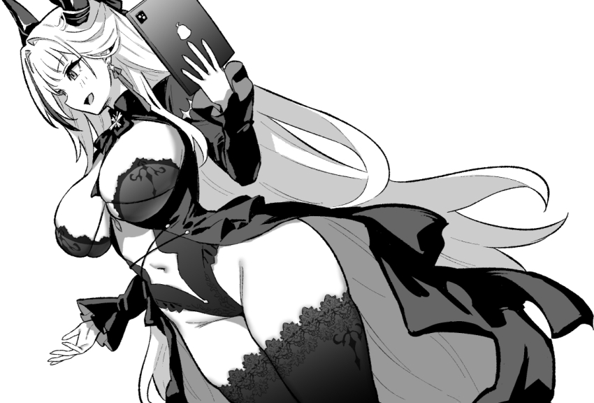 1girl admiral_zenker_(azur_lane) azur_lane azur_lane:_slow_ahead breasts cleavage cropped_legs dress earrings greyscale hair_ribbon holding holding_tablet_pc hori_(hori_no_su) horns jewelry large_breasts long_sleeves monochrome navel official_art open_mouth ribbon simple_background smile solo standing tablet_pc thighhighs white_background