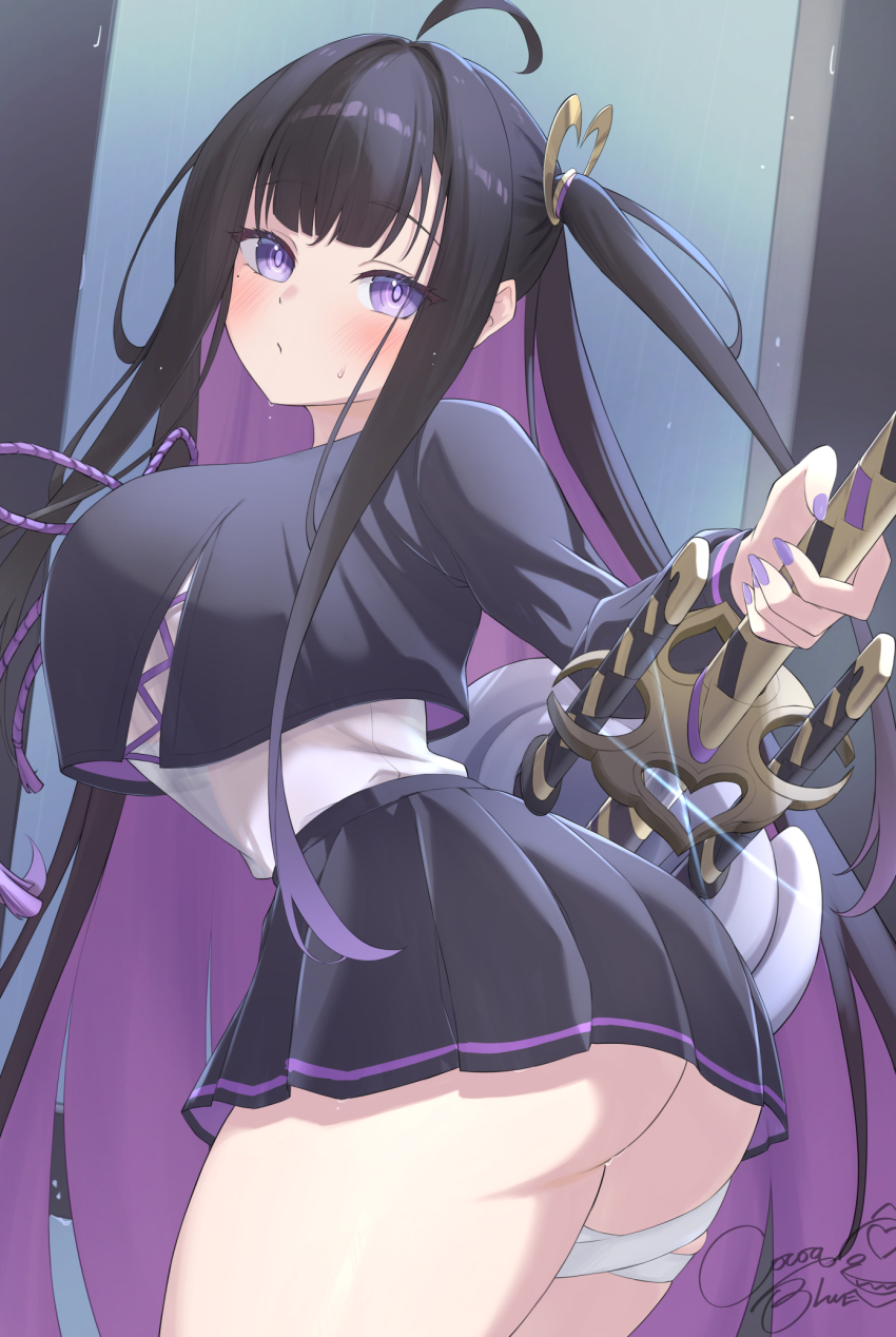 1girl ahoge bandaged_leg bandages black_hair blush breasts chitose_(stella_sora) cocoablue23 colored_inner_hair cropped_jacket hair_ornament heart heart_hair_ornament highres holding holding_sword holding_weapon jacket katana large_breasts looking_at_viewer multicolored_hair purple_eyes purple_hair purple_jacket purple_nails purple_skirt school_uniform serafuku shirt skirt solo stella_sora sword weapon white_shirt