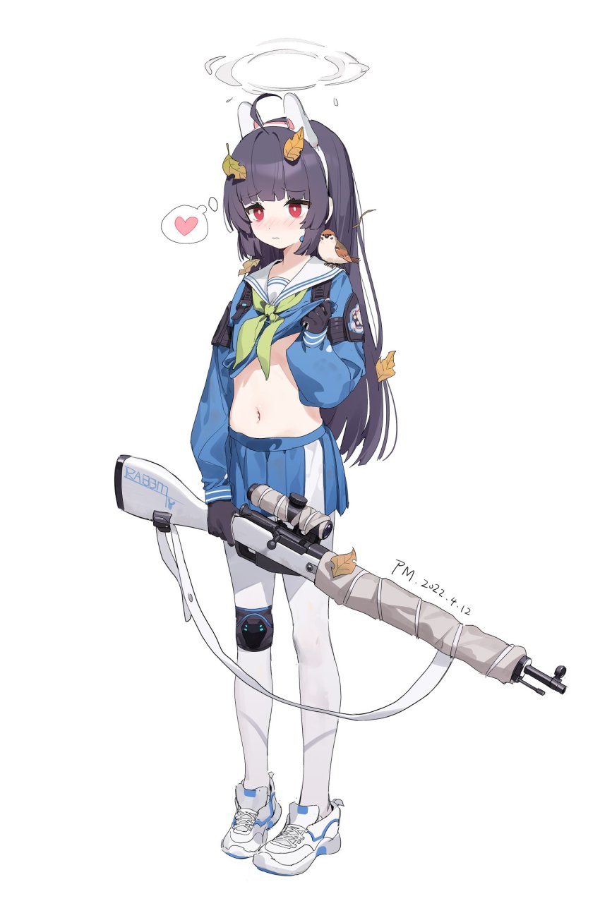 1girl ahoge armband black_gloves black_hair blue_archive blue_skirt blunt_bangs blush bolt_action bow bow_panties bright_pupils clothes_lift dirty dirty_clothes embarrassed flat_chest full_body gloves green_neckerchief guangsupaomian gun halo headgear heart highres knee_pads leaf leaf_on_head lifting_own_clothes long_hair looking_away looking_to_the_side miniskirt miyu_(blue_archive) neckerchief panties panties_under_pantyhose pantyhose pleated_skirt red_eyes sailor_collar school_uniform serafuku shirt_lift sidelocks simple_background single_knee_pad skirt skirt_lift solo spoken_heart standing sweat twig underwear weapon white_background white_panties white_pantyhose white_pupils white_sailor_collar