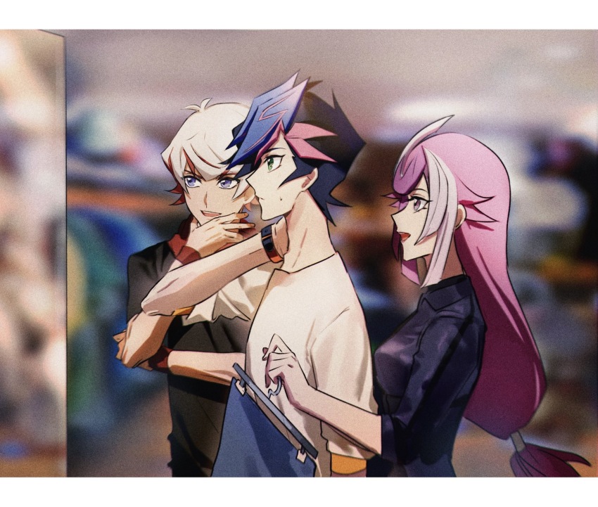 1girl 2boys alternate_costume arm_across_chest bad_id bad_lofter_id bessho_emma black_jacket black_shirt blue_eyes blue_hair blurry blurry_background clothes_hanger day from_side fujiki_yusaku green_eyes grey_hair hand_on_own_face hand_on_own_neck hand_up hands_up highres holding holding_clothes_hanger holding_unworn_clothes homura_takeru indoors jacket long_hair looking_at_mirror low-tied_long_hair mirror multiple_boys naoki_(2rzmcaizerails6) open_mouth pink_hair purple_eyes purple_hair red_hair shirt shopping short_hair smile spiked_hair sweatdrop t-shirt upper_body white_shirt yu-gi-oh! yu-gi-oh!_vrains