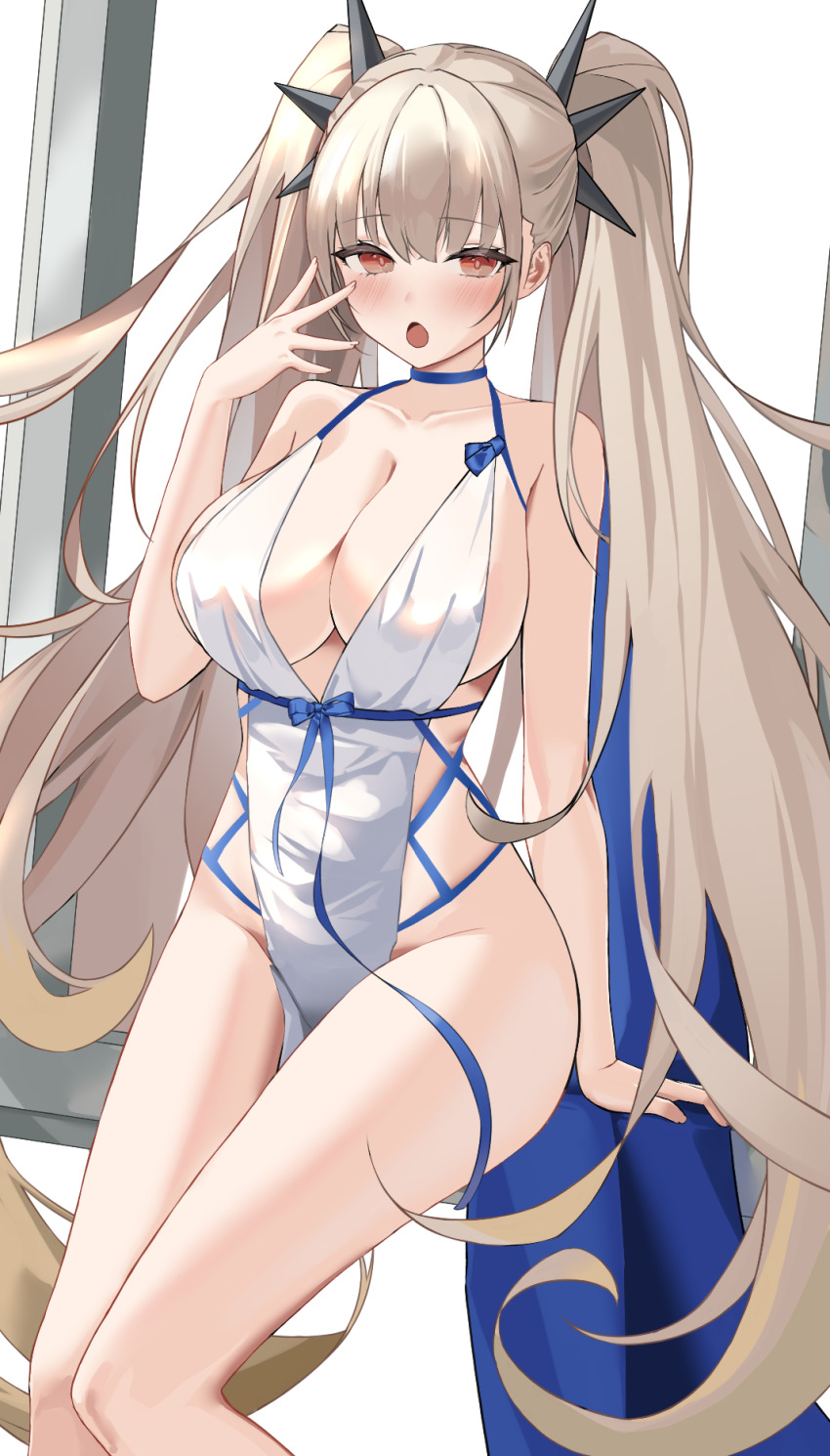 1girl arm_support azur_lane bare_shoulders blonde_hair blue_ribbon blush breasts cleavage collarbone commentary dress formidable_(anniversary_memories)_(azur_lane) formidable_(azur_lane) hair_between_eyes hand_up highres large_breasts long_hair looking_at_viewer official_alternate_costume open_mouth picture_frame red_eyes ribbon sidelocks simple_background sitting solo spiked_hair_ornament thighs twintails two-sided_dress two-sided_fabric very_long_hair white_background white_dress wynnblue