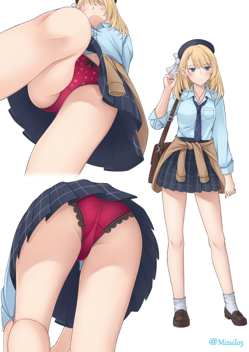 1girl absurdres artist_name ass asymmetrical_bangs blonde_hair blue_eyes blue_shirt blue_skirt bow bow_panties closed_mouth clothes_around_waist collared_shirt diagonal-striped_clothes diagonal-striped_necktie from_behind from_below full_body hat hat_ribbon highres medium_hair multiple_views necktie original panties pantyshot plaid_clothes plaid_skirt pleated_skirt polka_dot polka_dot_panties print_panties red_panties rei_(09991) ribbon school_uniform shirt simple_background skirt standing star_panties star_print striped_clothes underwear white_background