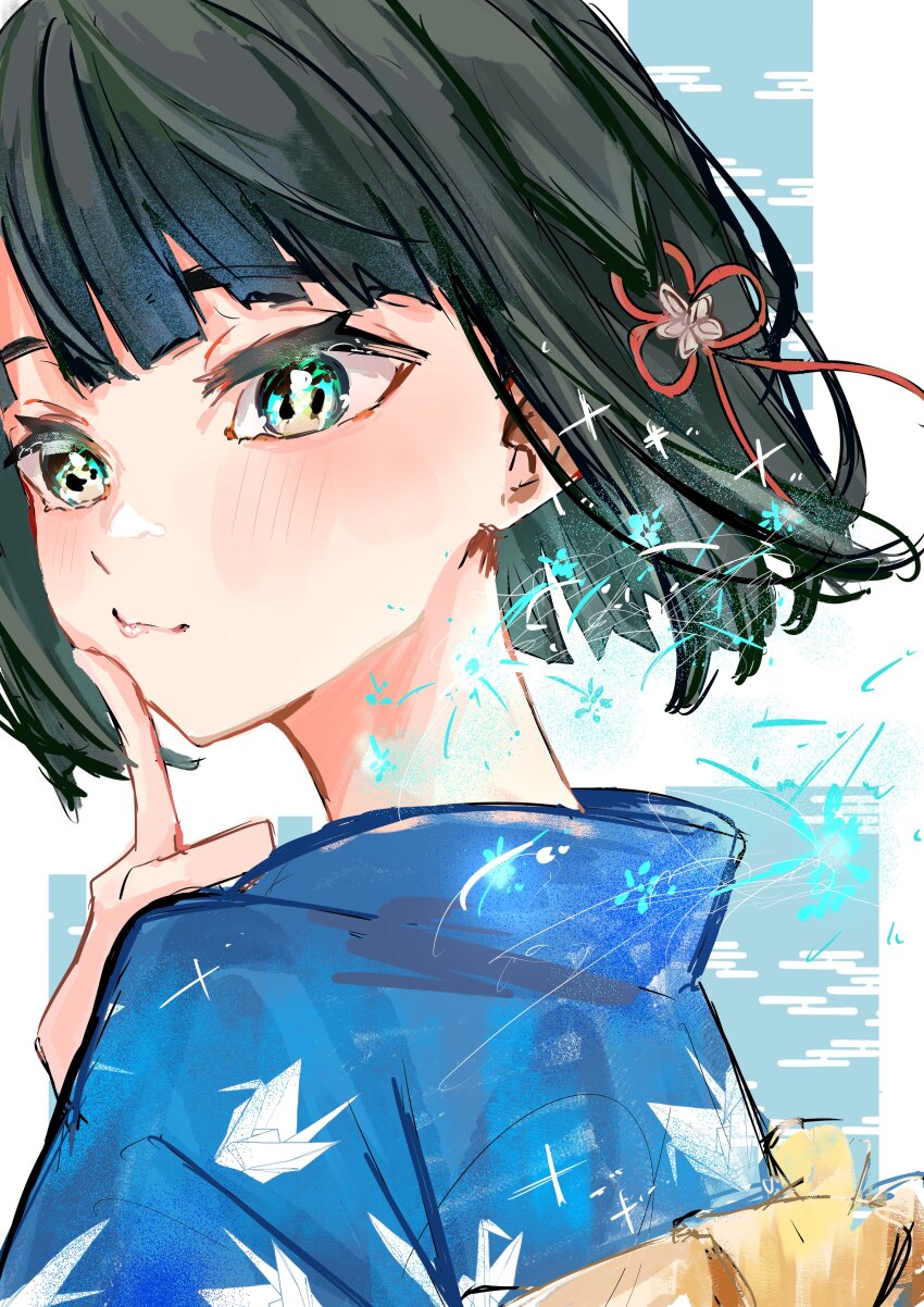 1girl absurdres black_hair blue_background blue_kimono blunt_bangs blunt_ends blush bob_cut closed_mouth commentary_request egasumi finger_to_cheek flower flower_knot green_eyes hair_flower hair_ornament highres japanese_clothes jin_(oihlf) kimono link!_like!_love_live! love_live! momose_ginko momose_ginko_(hokkoku_hanabi) obi official_alternate_costume origami paper_crane print_kimono sash short_hair solo upper_body virtual_youtuber yellow_sash yukata