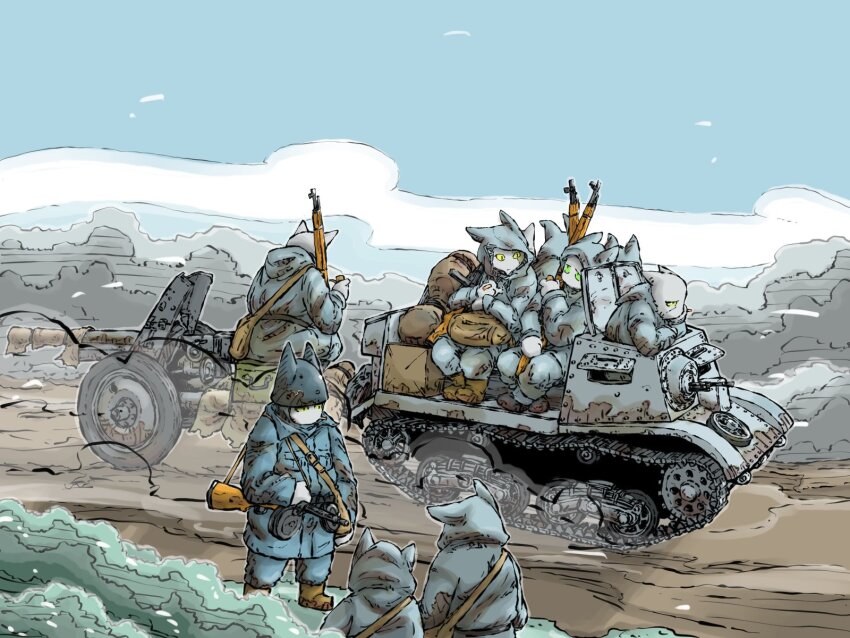 artillery dirt_road gun helmet highres holding holding_gun holding_weapon military_uniform military_vehicle motor_vehicle on_tank original over_shoulder rifle road submachine_gun suomi_kp/-31 tank towed_artillery trailer vehicle_focus vehicle_request weapon weapon_over_shoulder wheel yabarn