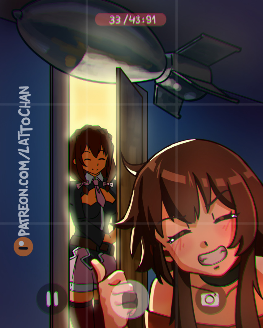 2girls :d ^_^ backlighting black_choker black_jacket bomb bow braid brown_hair choker closed_eyes collarbone commentary crown_braid door doorway dress english_commentary explosive grin hair_bow highres indoors jacket kono_subarashii_sekai_ni_shukufuku_wo! lattochan long_hair long_sleeves megumin multiple_girls necktie off-shoulder_dress off_shoulder open_door open_mouth patreon_logo patreon_username pink_necktie pink_skirt pointing pointing_at_another prank recording red_dress selfie short_hair_with_long_locks short_necktie skindentation skirt smile upper_body viewfinder watermark web_address yunyun_(konosuba)