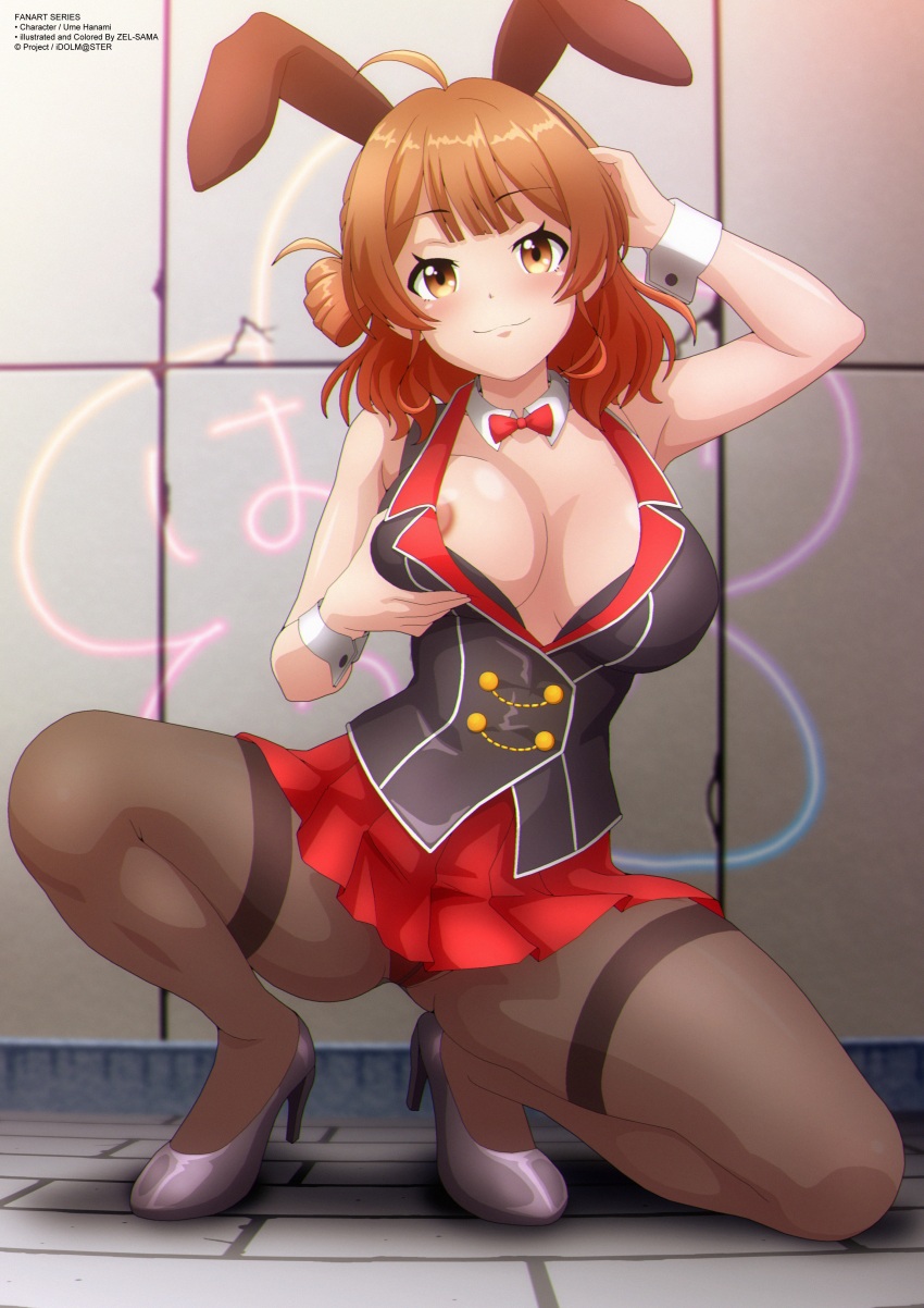 1girl absurdres ahoge animal_ears areola_slip black_pantyhose black_shirt blush bow bowtie breasts brown_eyes brown_hair cleavage collarbone crack cracked_wall detached_collar fake_animal_ears gakuen_idolmaster grabbing_own_breast graffiti hanami_ume hand_on_own_head high_heels highres idolmaster large_breasts leotard long_hair looking_at_viewer nontraditional_playboy_bunny on_one_knee panties panties_under_pantyhose pantyhose playboy_bunny purple_shoes rabbit_ears red_bow red_bowtie red_panties red_skirt shirt shoes skirt sleeveless sleeveless_shirt smile spread_legs squatting underwear wrist_cuffs zel-sama