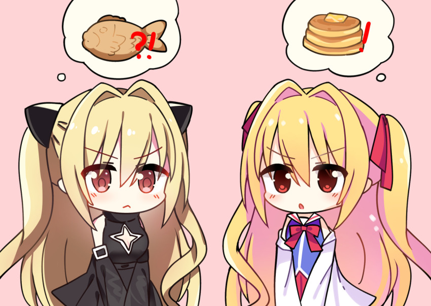 ! !? 2girls :&lt; black_dress blonde_hair blue_shirt blush chibi chibi_only chinese_commentary ciallo_0721_(poi) closed_mouth coat commentary cowboy_shot crossover detached_sleeves dress eyes_visible_through_hair food hair_between_eyes hair_intakes hair_ribbon highres irotoridori_no_sekai konjiki_no_yami lab_coat long_hair long_sleeves look-alike multiple_girls nikaidou_shinku open_clothes open_coat open_mouth pancake pancake_stack pink_background red_eyes red_ribbon ribbon sailor_collar school_uniform serafuku shirt simple_background sleeveless sleeveless_dress speech_bubble taiyaki thought_bubble to_love-ru two_side_up v-shaped_eyebrows very_long_hair wagashi white_sailor_collar wide_sleeves