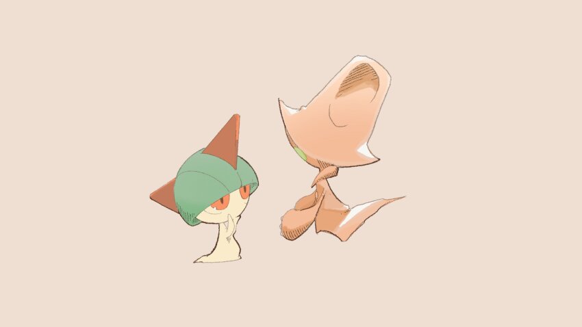 beheeyem bowl_cut colored_skin floating from_side gen_3_pokemon gen_5_pokemon green_hair hands_on_own_cheeks hands_on_own_face highres horns mxlaghrsuk33yws nintendo pink_eyes pokemon pokemon_(creature) ralts simple_background white_skin