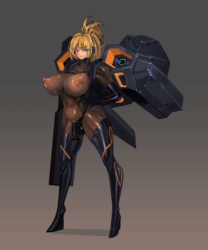 1girl absurdres black_sleeves blonde_hair bodysuit boots breasts chest_harness covered_erect_nipples covered_penis covered_testicles eyes_visible_through_hair futanari gradient_background gun hand_on_own_hip harness headgear highres holding holding_weapon impossible_bodysuit impossible_clothes jetpack large_breasts nipples orange_trim original platinum1945 ponytail rifle science_fiction short_hair testicles thick_thighs thigh_boots thighs weapon