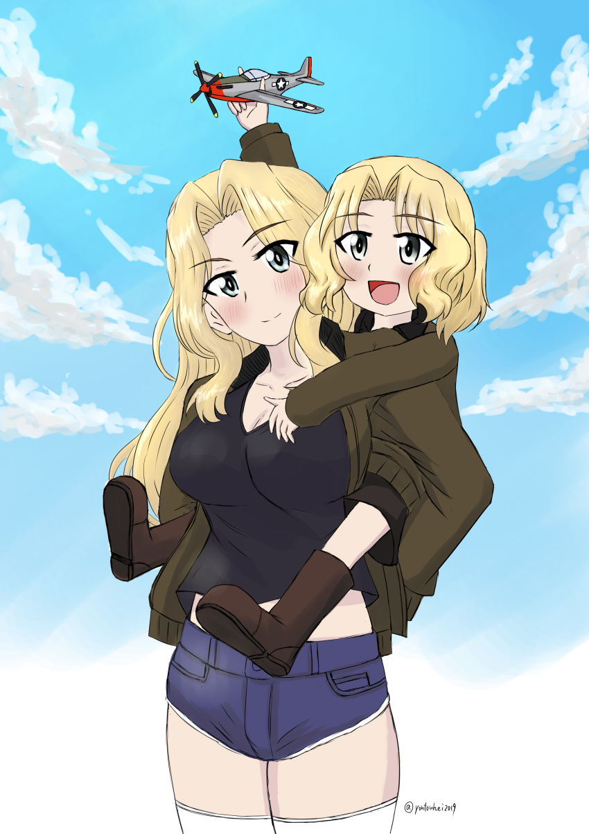 2girls absurdres aged_down alternate_form black_undershirt blonde_hair blue_eyes blue_sky blush breasts brown_jacket brown_shorts carrying collarbone denim denim_shorts girls_und_panzer highres jacket kay_(girls_und_panzer) large_breasts long_hair multiple_girls p-51_mustang piggyback ponytail porotto_yontouhei short_shorts shorts sky thighhighs toy_airplane white_thighhighs