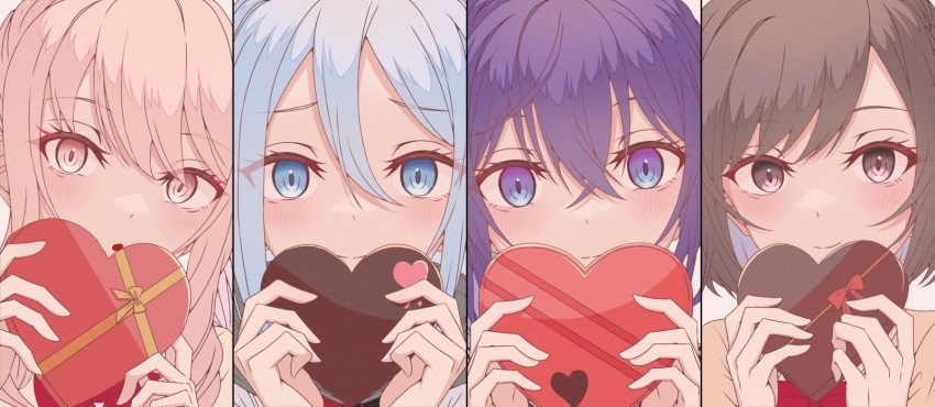 1other 25-ji_nightcord_de._(project_sekai) 3girls akiyama_mizuki asahina_mafuyu blue_eyes blue_hair blush box brown_eyes brown_hair closed_mouth column_lineup commentary crossed_bangs double-parted_bangs english_commentary eyes_visible_through_hair hair_between_eyes hands_up happy_valentine heart heart-shaped_box highres holding holding_box long_hair looking_at_viewer multiple_girls pink_eyes pink_hair project_sekai purple_eyes purple_hair shinonome_ena short_hair sidelocks simple_background smile valentine white_background yoineko_(yoi41no) yoisaki_kanade