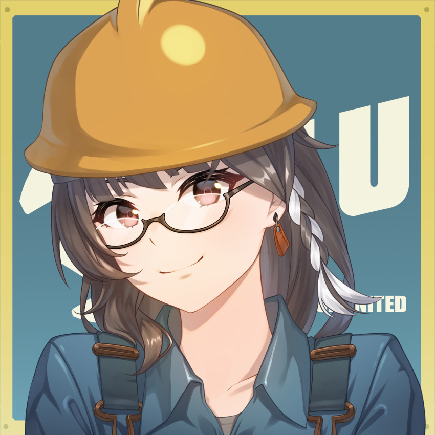 1girl acrylicstroke blu_engineer_(tf2) blue_shirt braid brown_eyes brown_hair closed_mouth collared_shirt commission commissioner_upload cosplay earrings engineer engineer_(tf2) engineer_(tf2)_(cosplay) entropy_(honkai_impact_3rd) female_dreamseeker_(honkai_impact) glasses helmet highres honkai_(series) honkai_impact_3rd jewelry long_hair looking_at_viewer non-web_source semi-rimless_eyewear shirt smile solo team_fortress_2 upper_body
