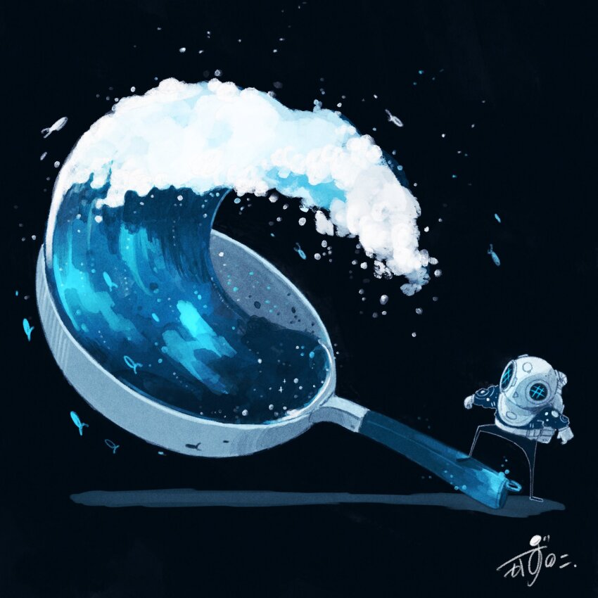 1other artist_name black_background commentary diving_helmet fish flipping_food flying_fish food frying_pan gloves helmet highres holding_pan kazunoko_(kazunoko_zunoco) mini_person original oxygen_tank shadow signature simple_background solo standing water waves white_gloves