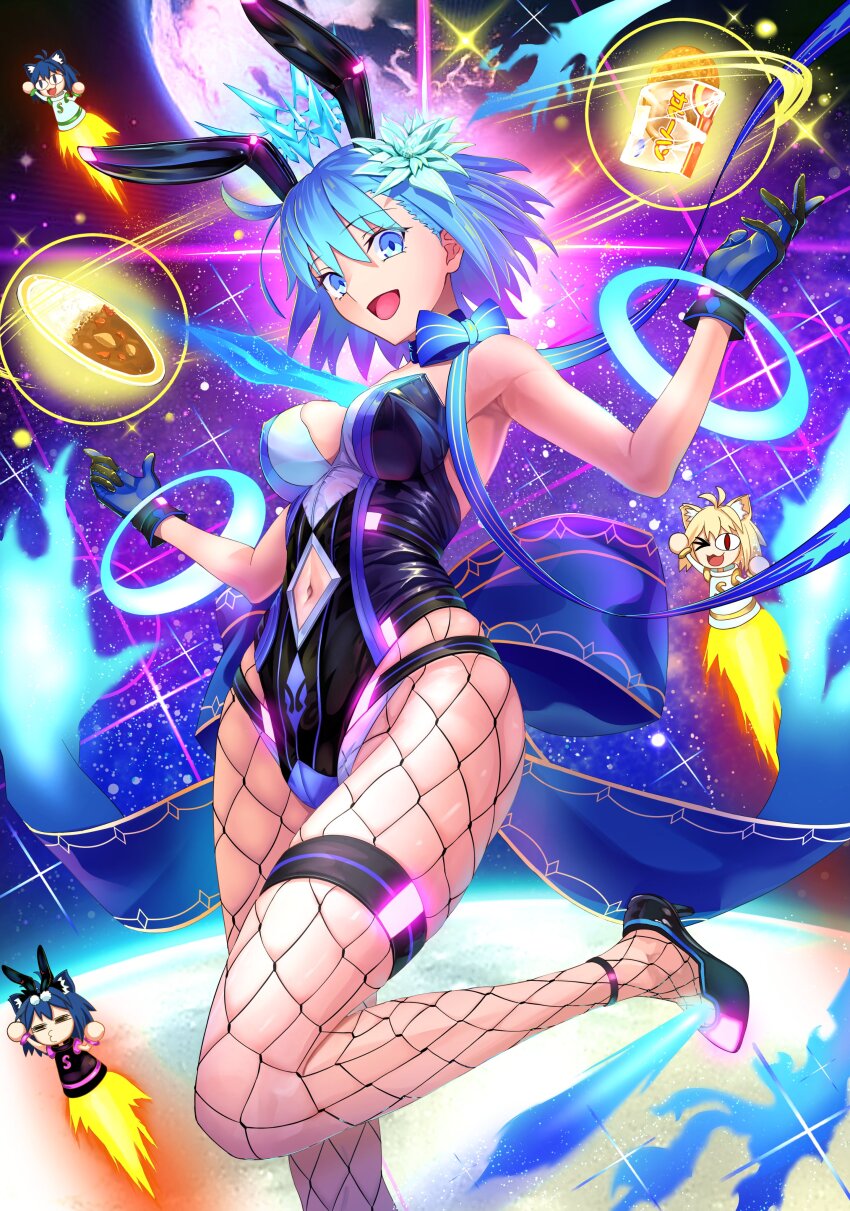 1girl absurdres animal_ears black_footwear black_leotard blue_eyes blue_gloves blue_hair blue_ribbon breasts c.i.e.l_(fate) c.i.e.l_(third_ascension)_(fate) crown curry curry_rice earth_(planet) fate/grand_order fate_(series) fishnet_pantyhose fishnets flower food gloves hair_flower hair_ornament harukey high_heels highres leotard medium_breasts pantyhose planet playboy_bunny rabbit_ears ribbon rice solo thigh_strap