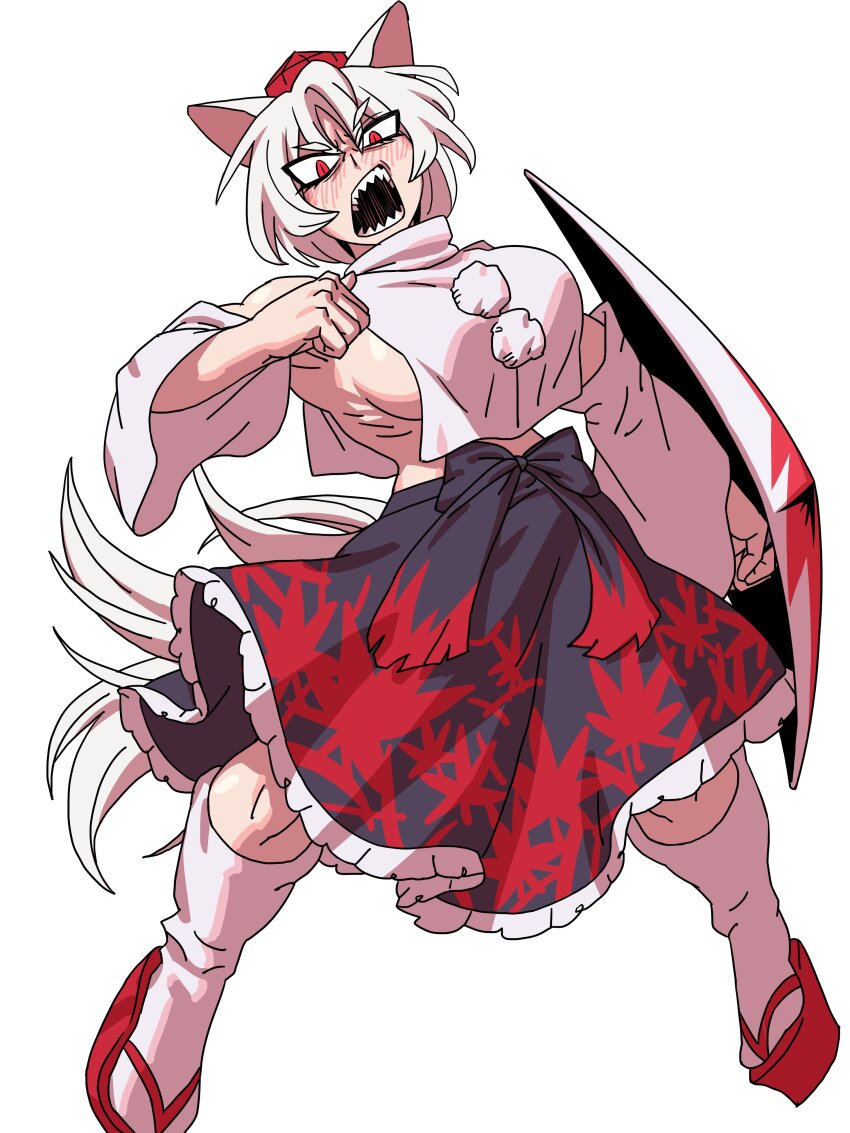 1girl absurdres animal_ears black_skirt blush breasts eddybird55555 frilled_skirt frills full_body hat highres holding holding_shield inubashiri_momiji looking_at_viewer open_mouth pom_pom_(clothes) red_eyes red_hat red_shoes sharp_teeth shield shoes short_eyebrows short_hair sideboob simple_background skirt socks solo tail teeth tokin_hat touhou v-shaped_eyebrows white_background white_hair white_socks wolf_ears wolf_girl wolf_tail