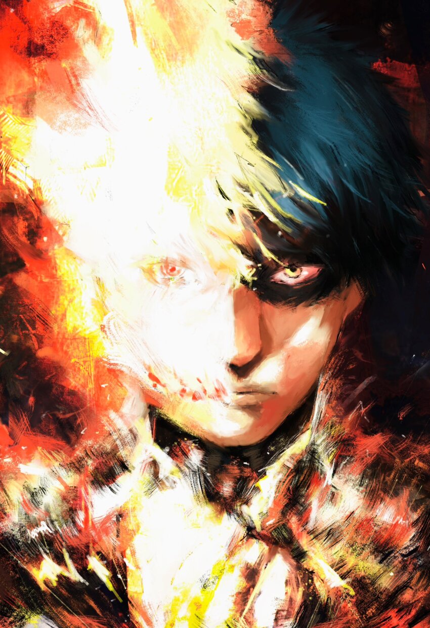 1boy agni_(fire_punch) black_hair burn_scar burning close-up closed_mouth embers fire fire_punch flaming_eye glowing highres lips looking_at_viewer male_focus nose original partially_shaded_face scar shadow short_hair solo xa8uofivf2mcart yellow_eyes