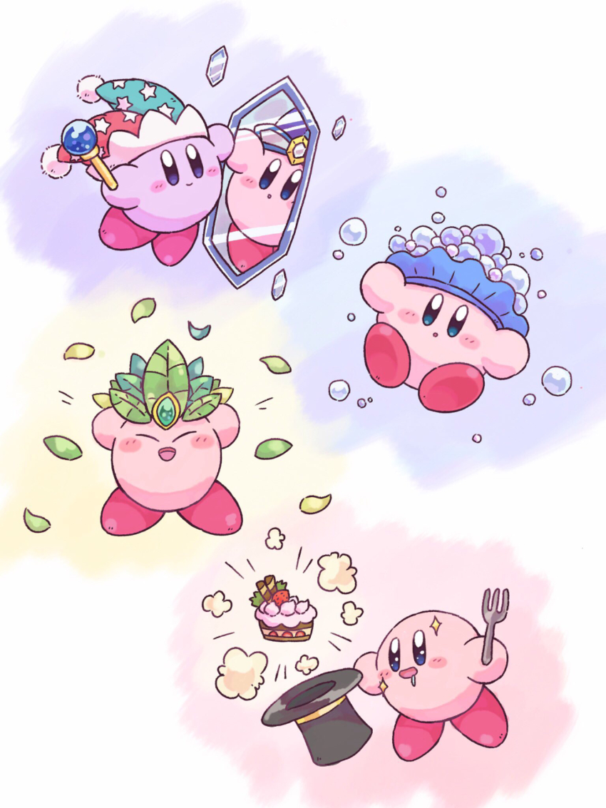 :o arms_up beam_kirby black_headwear blue_eyes blue_headwear blush blush_stickers bubble bubble_kirby cake cake_slice closed_eyes closed_mouth commentary_request copy_ability crown crystal drooling food fork fruit gem green_headwear harukui hat highres holding holding_fork holding_unworn_clothes holding_unworn_hat holding_wand jester_cap kirby kirby_(series) leaf leaf_kirby looking_at_viewer magic mirror mirror_kirby multiple_views nintendo no_humans open_mouth red_headwear reflection simple_background smile soap_bubbles sparkle star_(symbol) star_print strawberry top_hat two-tone_headwear unworn_hat unworn_headwear wafer_stick wand white_background