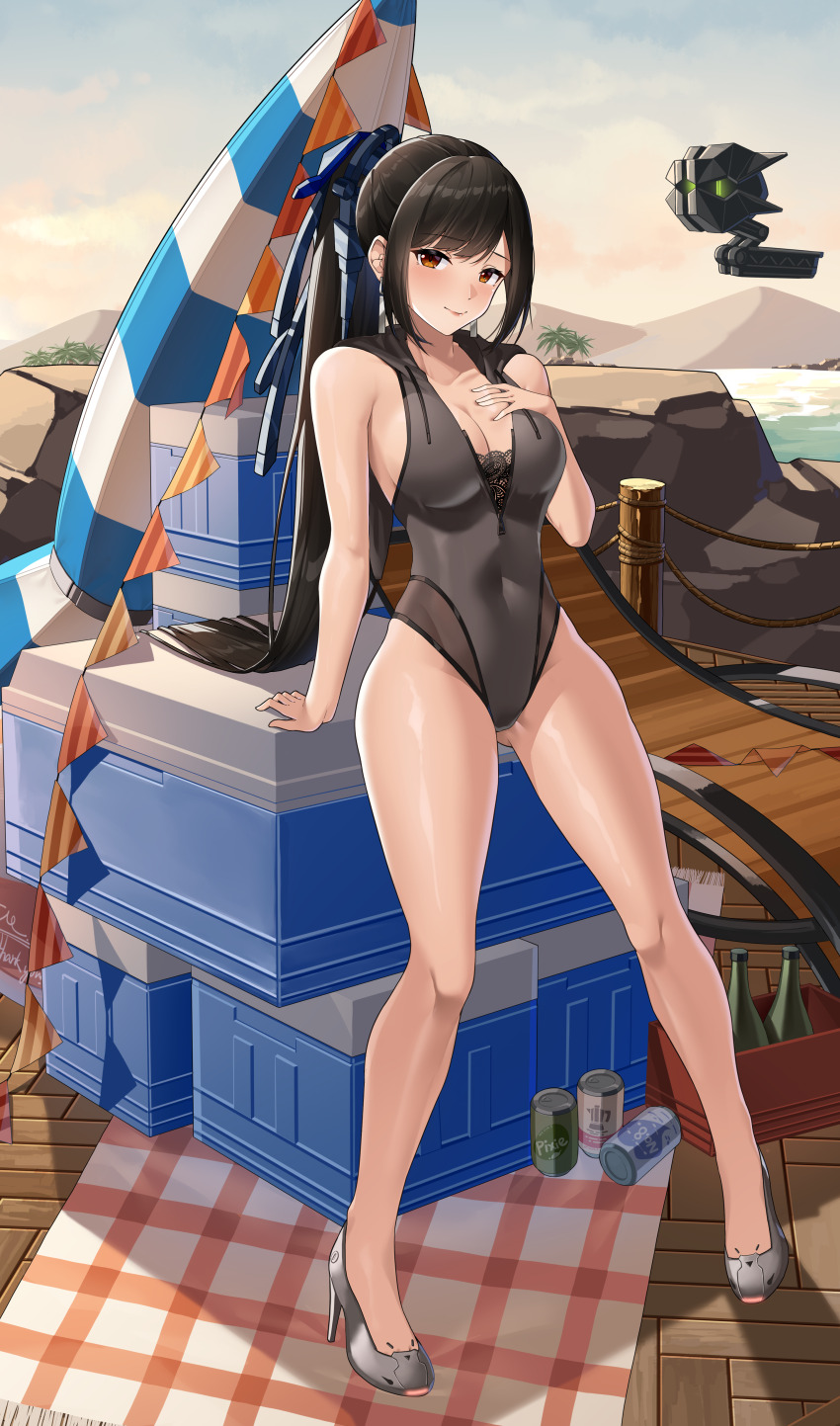 absurdres arm_support armpit_crease bare_shoulders beach beach_umbrella black_hair black_leotard blue_sky blush bottle boulder box breasts brown_eyes bunting can chinese_commentary cleavage closed_mouth closed_umbrella cloud commentary commentary_request cooler covered_navel cropped drawstring drink_can earrings english_commentary eve_(stellar_blade) full_body gluteal_fold grey_shoes groin hand_on_own_chest high_heels high_ponytail highleg highleg_leotard highres hill hood hood_down hooded_leotard jewelry jfzm001 lace leaning_back leotard long_hair looking_at_viewer looking_to_the_side medium_breasts mixed-language_commentary on_box outdoors picnic_blanket pigeon-toed ponytail pumps shoes sideways_glance sitting sitting_on_box sky sleeveless smile stellar_blade stiletto_heels straight_hair string_of_flags swept_bangs thighs tree umbrella unzipped variant_set wooden_floor zipper zipper_pull_tab