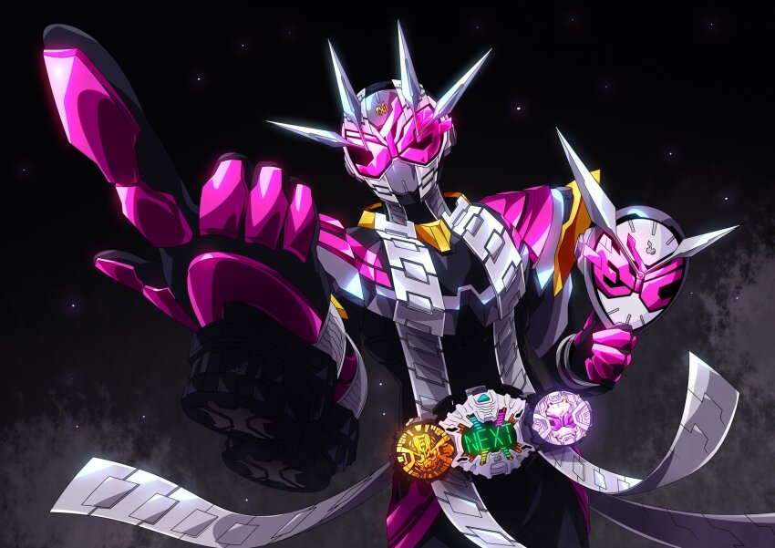1boy armor belt bodysuit commentary_request compound_eyes foreshortening helmet highres holding holding_mask horns index_finger_raised kamen_rider kamen_rider_zi-o kamen_rider_zi-o_(series) kamen_rider_zi-o_ii male_focus mask multiple_boys open_hand otokamu pink_eyes rider_belt single_horn standing ziku_driver