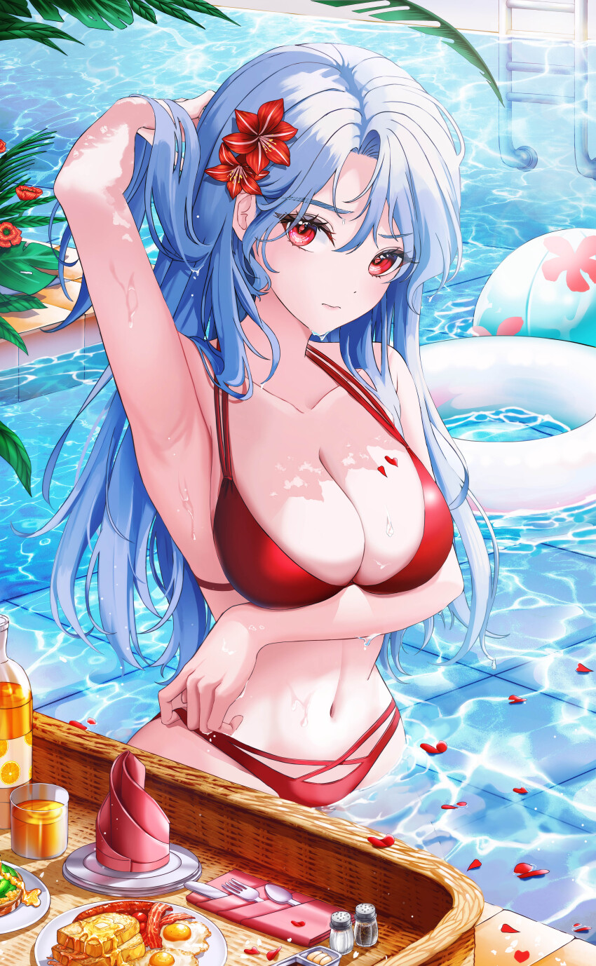 1girl absurdres arm_behind_head arm_under_breasts arm_up armpits bacon ball beachball bikini blue_hair bottle bread bread_slice breasts cleavage closed_mouth commentary_request cup dappled_sunlight day dot_nose drinking_glass egg_(food) flower food fork fried_egg hair_between_eyes hair_flower hair_ornament hand_in_bikini hand_in_own_hair highres innertube juice knife large_breasts long_hair looking_at_viewer napkin navel orange_juice original outdoors pepper_shaker pool pool_ladder poolside presenting_armpit red_bikini red_eyes red_flower red_petals salt_shaker savid_at solo spoon sunlight swim_ring swimsuit toast tray upper_body wading wet wet_hair