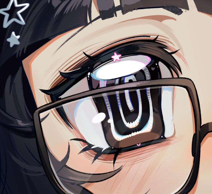 1girl @_@ black_hair blunt_bangs close-up erinartista eyelashes glasses hair_ornament highres original pale_skin solo star_(symbol) star_hair_ornament