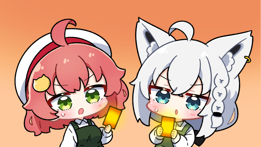 2girls :o ahoge alternate_costume animal_ear_fluff animal_ears apron aqua_eyes beret blush braid card cat_hair_ornament chibi collared_shirt dohoon fox_ears fox_girl glowing green_apron green_eyes hair_ornament hat highres holding holding_card hololive medium_hair multiple_girls open_mouth orange_background pink_hair sakura_miko shirakami_fubuki shirt simple_background sweatdrop virtual_youtuber white_hair white_hat white_shirt