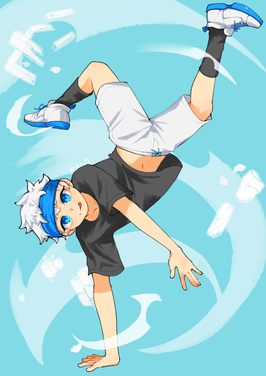 1boy :p absurdres aru_de_aru000 black_shirt black_socks blue_background blue_headband blue_shoes breakdance closed_mouth clothes_lift collarbone corrupted_twitter_file full_body headband highres looking_at_viewer male_focus multicolored_shoes navel original shirt shirt_lift shoes short_hair short_sleeves shorts socks solo sportswear tongue tongue_out two-tone_shoes white_hair white_shoes white_shorts wind