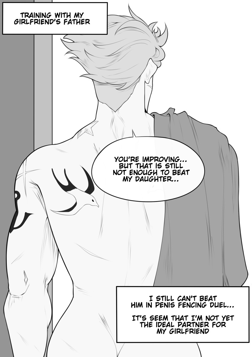 1boy absurdres anchor_tattoo band-width bird bird_tattoo butt_crack commentary english_commentary english_text from_behind greyscale highres implied_yaoi male_focus monochrome muscular muscular_male nude original scar scar_on_face short_hair speech_bubble swallow_(bird) tattoo towel_on_one_shoulder upper_body